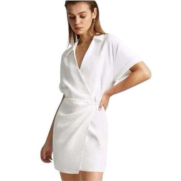 NWT Commense Womens Collared Cuffed Sleeve Button Wrap Short Dress White Medium - Picture 1 of 10